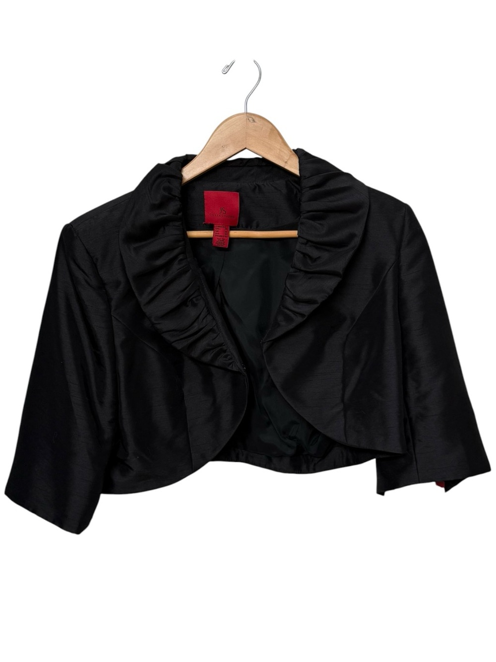 JS Collections Black Ruffle Collar Short Shrug Jacket Padded Shoulders. 12. NEW.